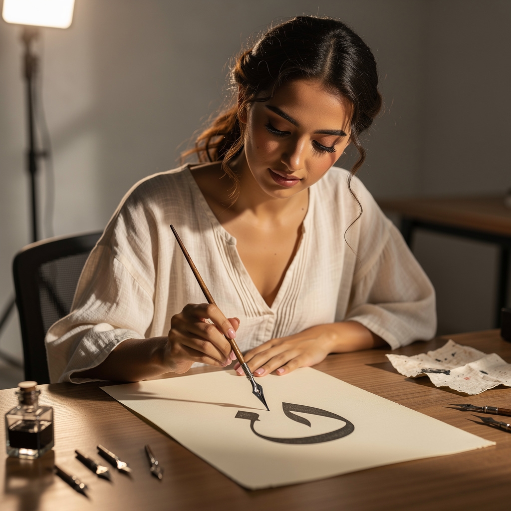 Calligrapher carefully forming letters with a traditional nib pen on textured paper