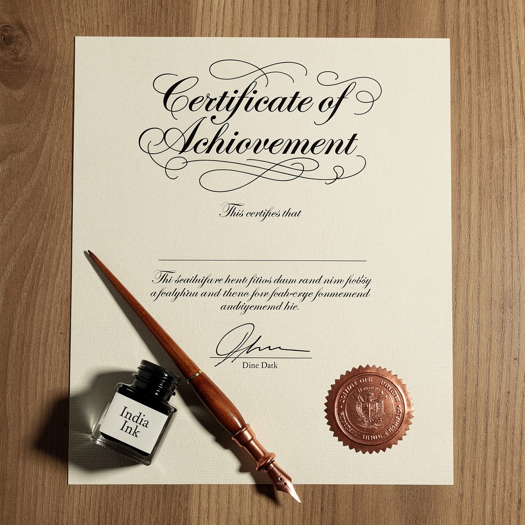 Formal certificate with hand lettered headings, decorative borders, and a seal rendered in black ink with copper accents on heavyweight paper