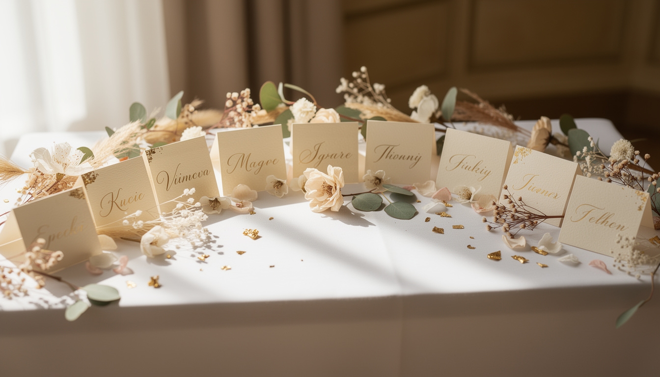 Set of hand lettered place cards arranged on a reception table with dried flowers, featuring guests names in flowing script with warm gold ink