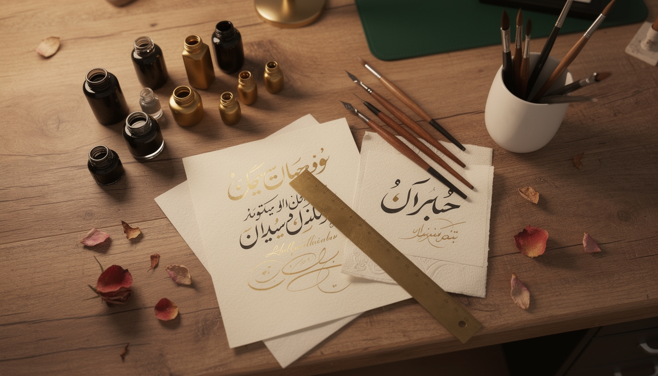 Calligris studio workspace with ink, brushes, and hand lettered pieces on a wooden desk