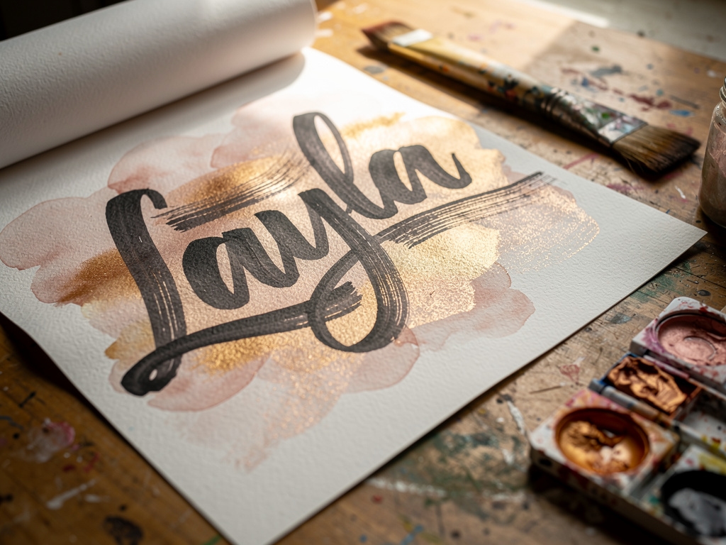 Close up of a personal name piece with the name Layla written in large expressive brush calligraphy with watercolor background washes in rose and amber tones