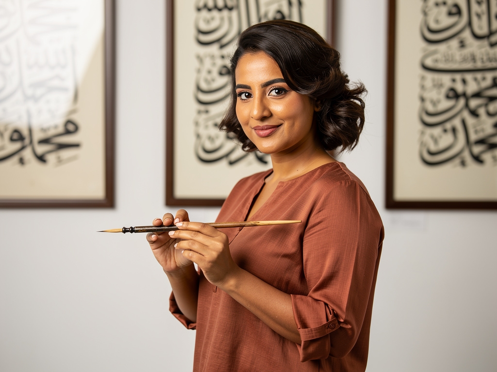 Egyptian woman in her early thirties with warm confident expression, wearing a rust-colored blouse, holding a traditional calligraphy reed pen with both hands in a studio setting
