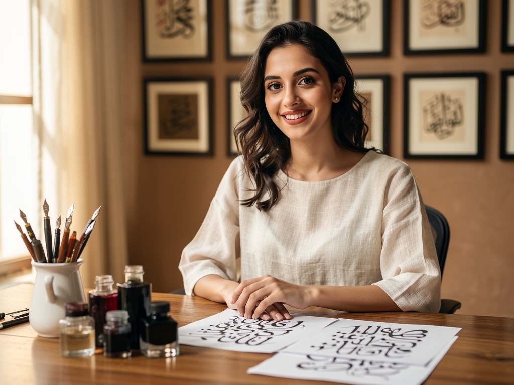 Young Egyptian woman calligrapher in her late twenties smiling warmly, wearing a cream linen top, seated at a wooden desk surrounded by ink bottles and pens