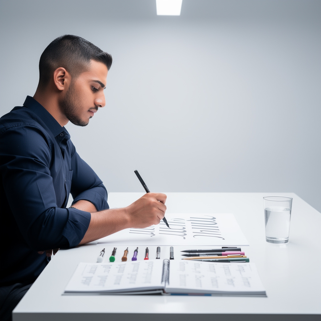 Egyptian man in his mid-twenties with a focused expression, wearing a dark navy shirt, photographed from the side while writing with a brush pen at a bright studio table