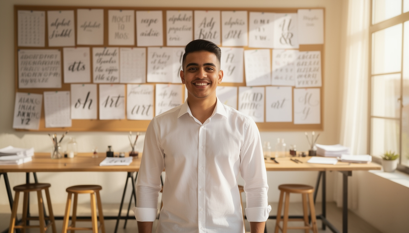 Young Egyptian man in his late twenties with an open friendly smile, wearing a white button-down shirt, standing in front of a wall covered with calligraphy practice sheets