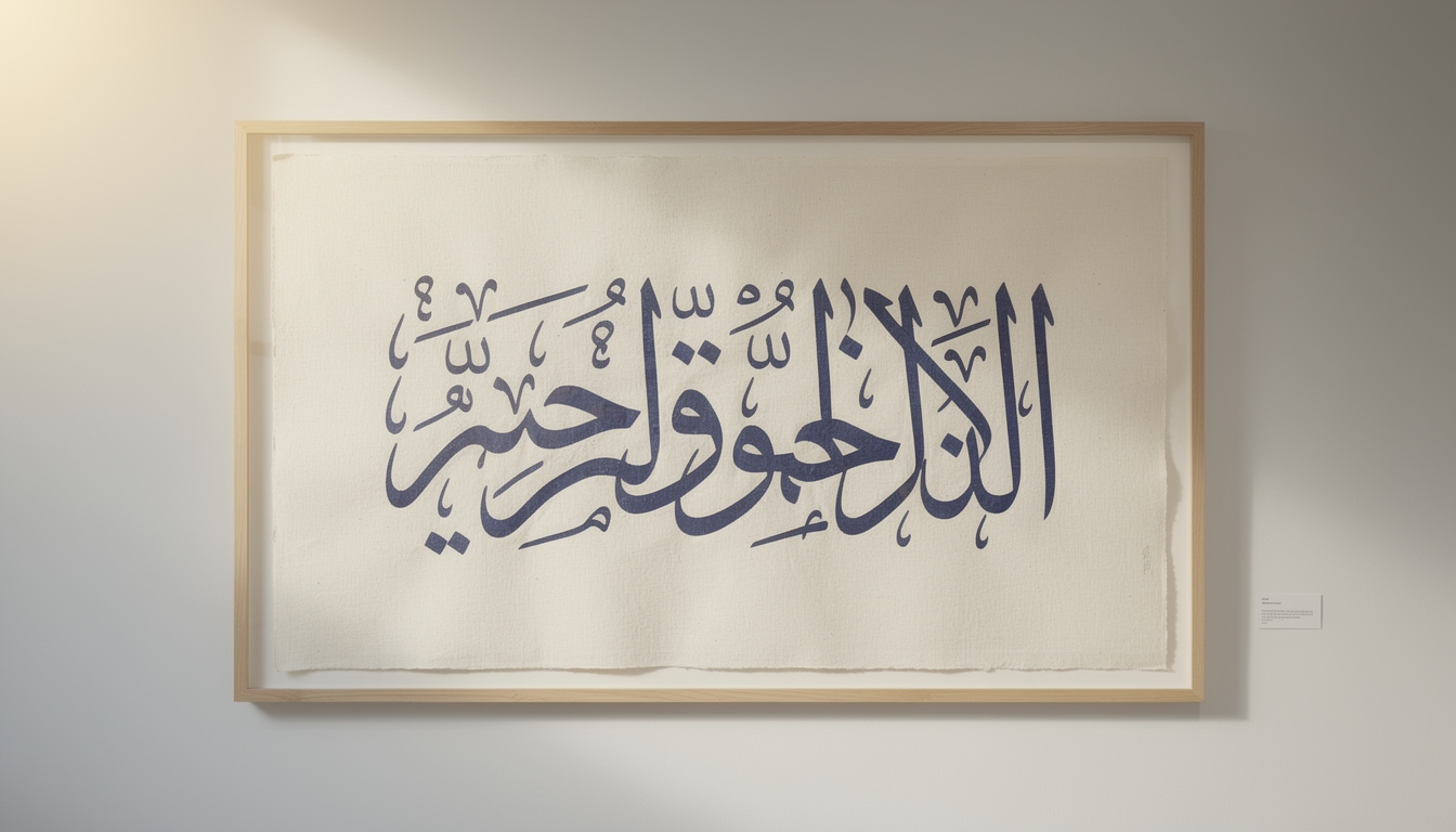 Large format wall art piece featuring an Arabic calligraphy quote in deep indigo ink on warm ivory paper with organic brushwork