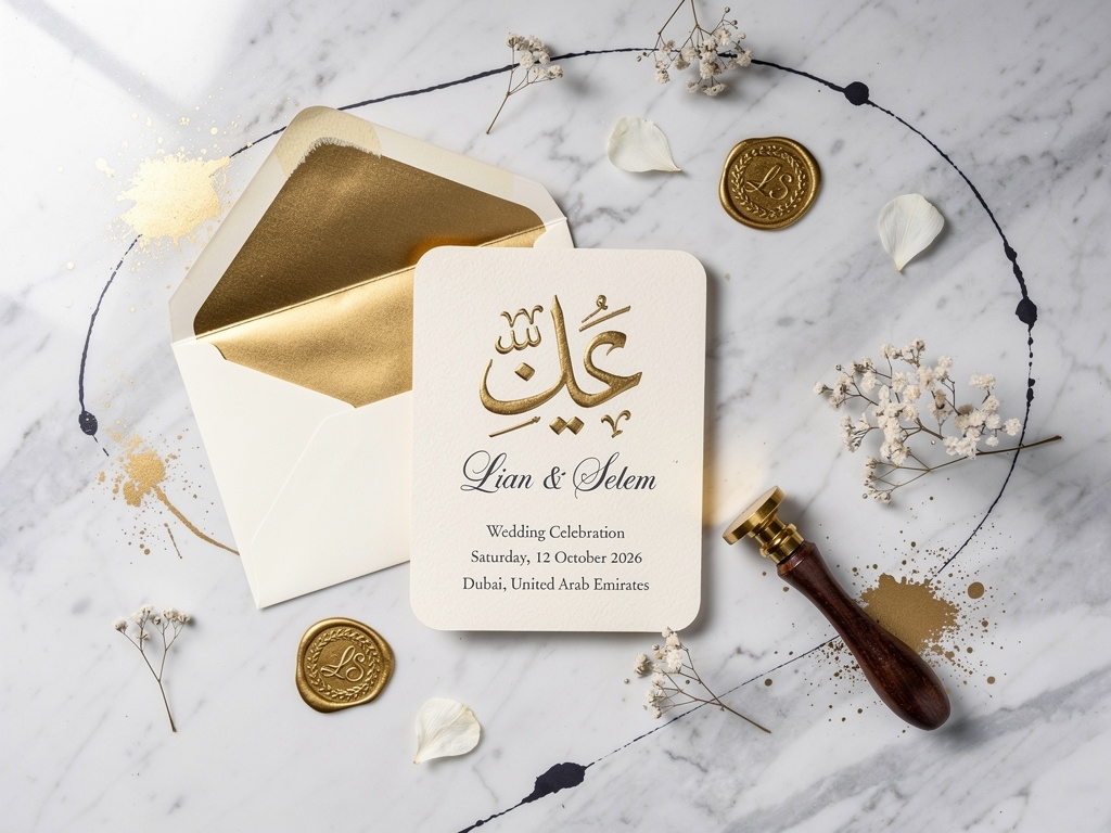 Elegant hand lettered wedding invitation with gold ink on cream paper featuring Arabic and English script