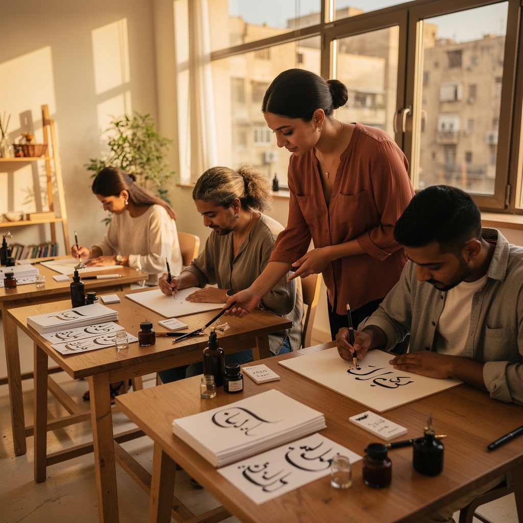Small group of students in a bright Cairo studio learning calligraphy together, pens in hand, papers on wooden desks, warm afternoon light